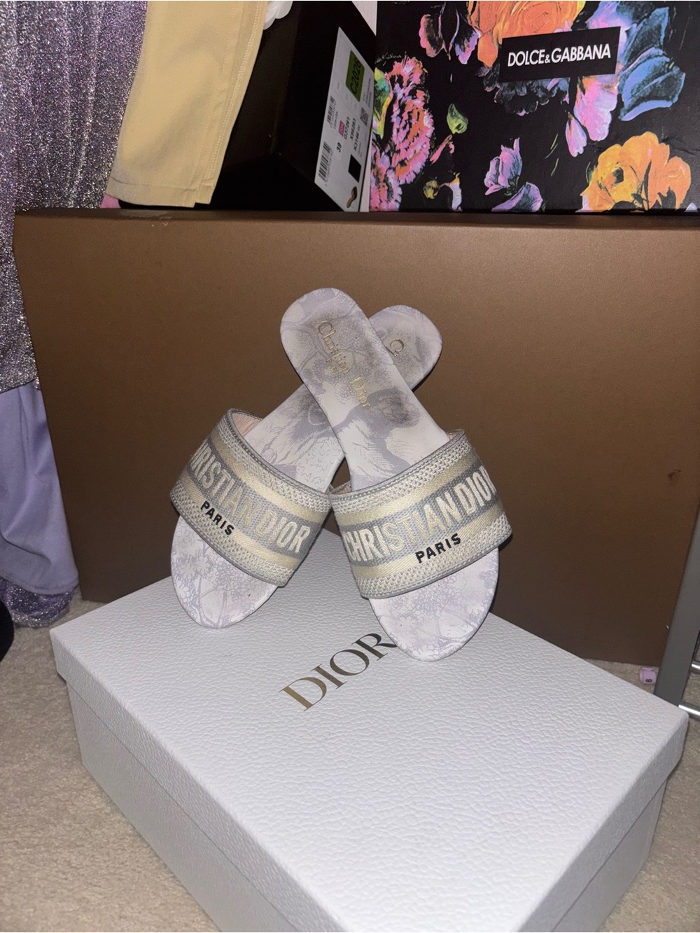 Christian Dior white slides with gray snakeskin print🩶